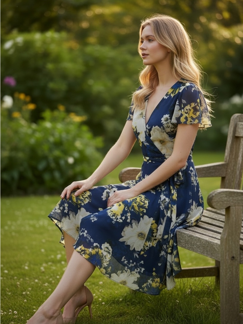 DKNY Navy Floral Wrap midi dress 12 BOHO cottagecore coquette old money Y2K - Picture 2 of 8